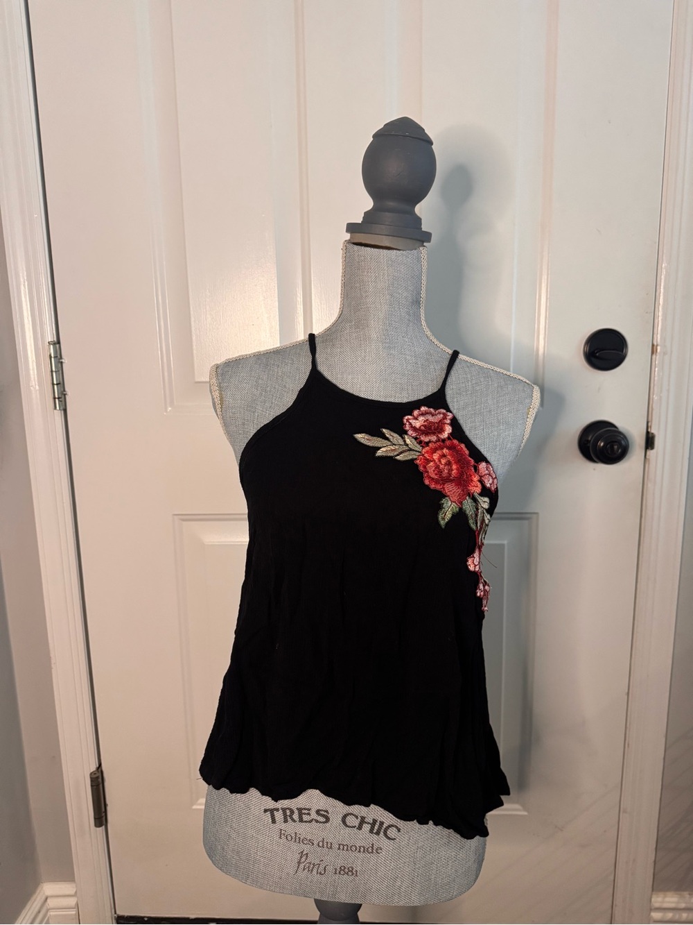 Surf Gypsy Black Camisole with Red Rose Embroidery